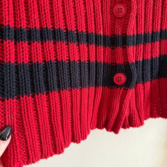 90s Vintage CLAUDIE PIERLOT | Preppy Red and Navy Striped Ribbed Cardigan Medium - Picture 3 of 5